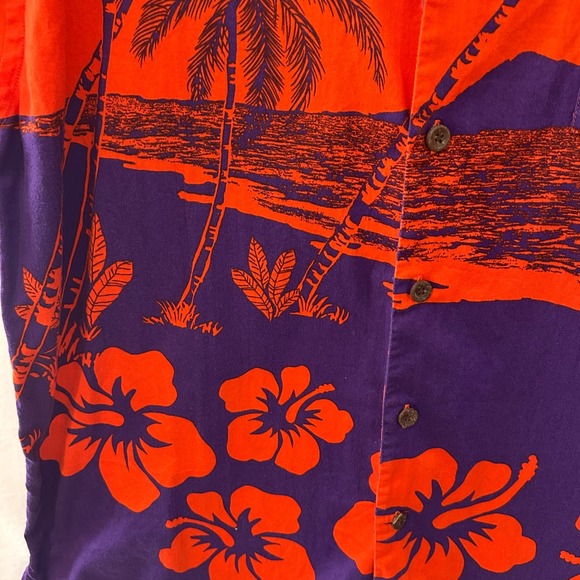 Chiliwear Mens Orange Purple Palm Tree Hibiscus Hawaiian Button Up Shirt XXL - Picture 7 of 8